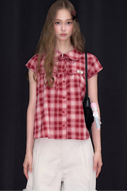 Red Plaid Doll Collar Blouse