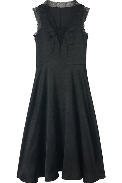 Black Lace Trim Chest Tie Dress