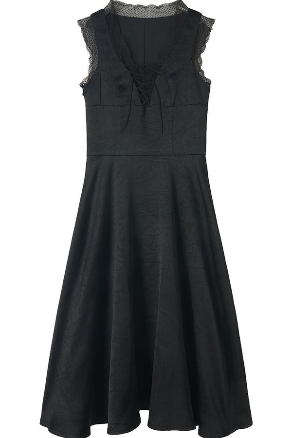 Black Lace Trim Chest Tie Dress