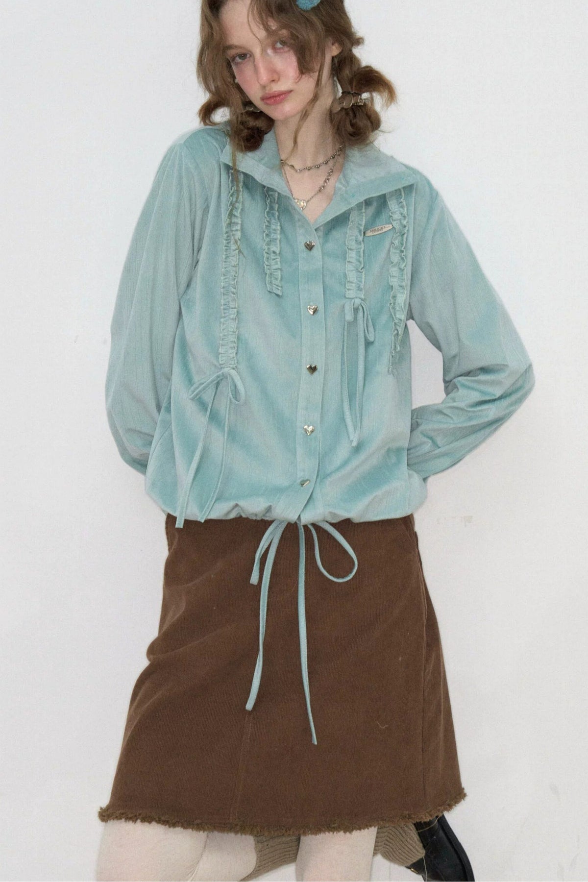 Lace Drawstring Stand Collar Shirt