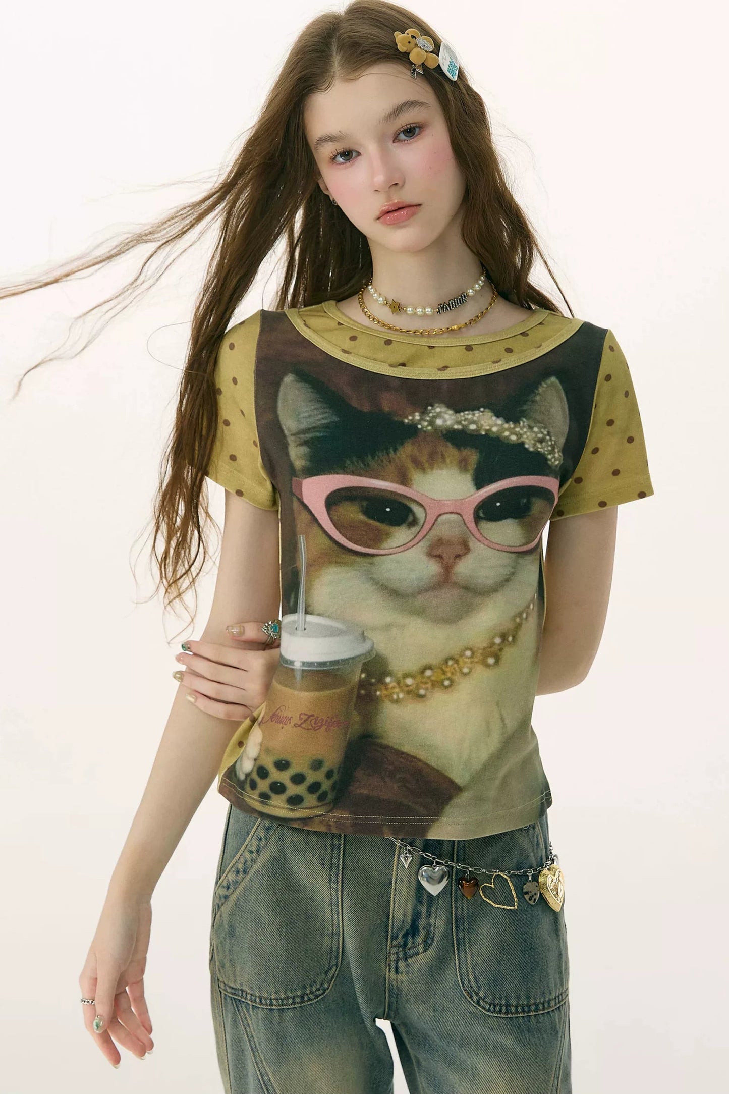 Retro Distressed Cat Print Yellow T-Shirt