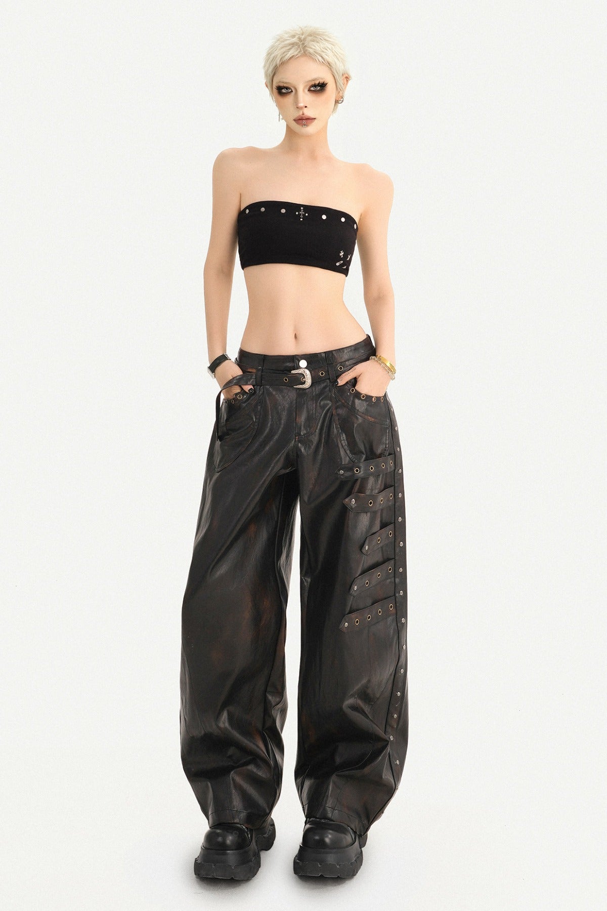 Rivet-Decorated Wide-Leg Leather Pants
