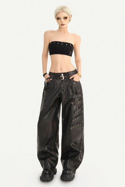 Rivet-Decorated Wide-Leg Leather Pants