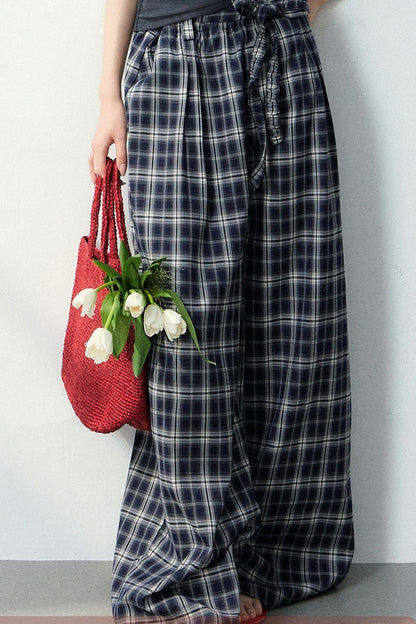Navy Blue Plaid Wide-Leg Pants