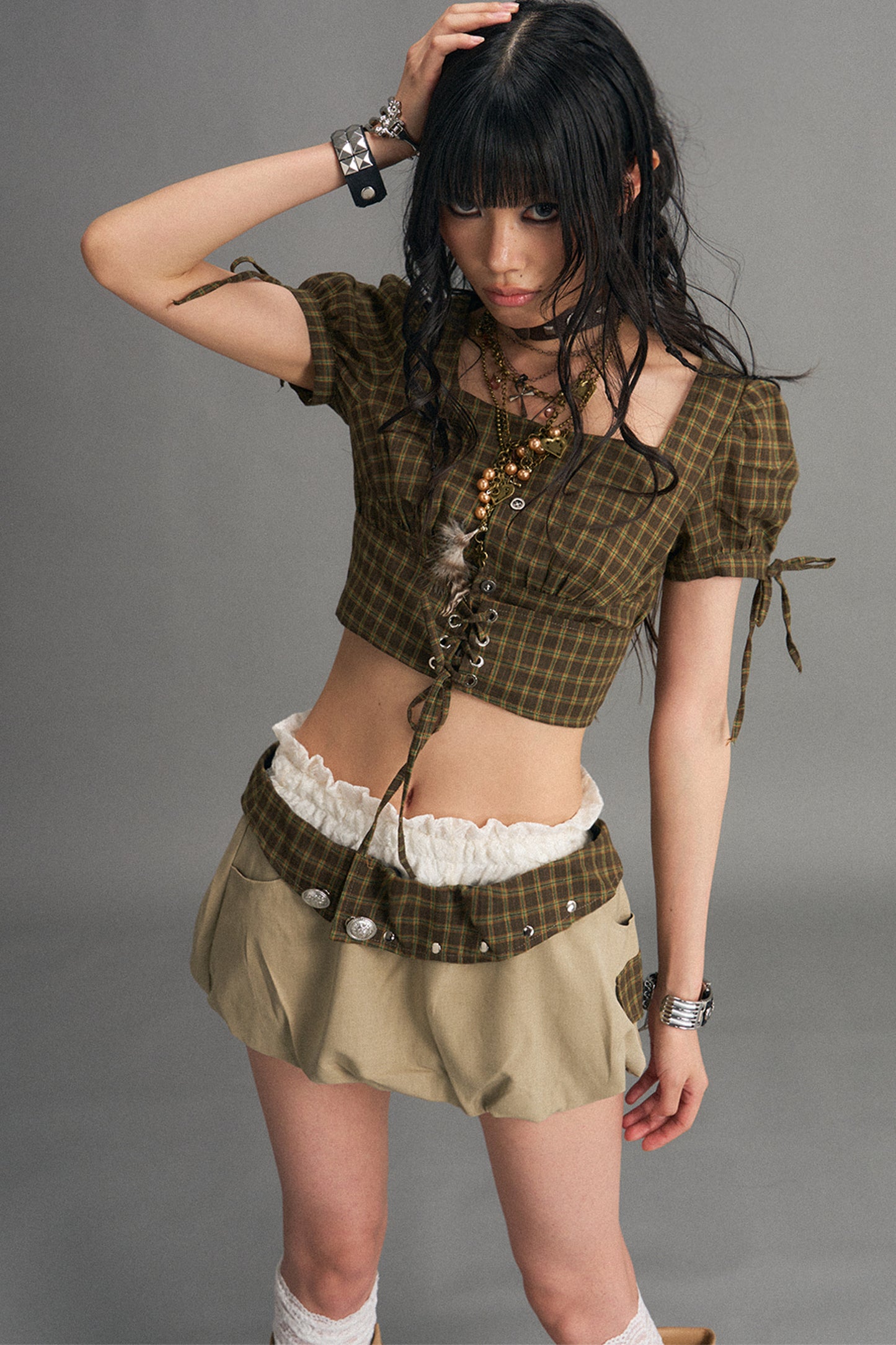 Retro Plaid Puff Sleeve Blouse