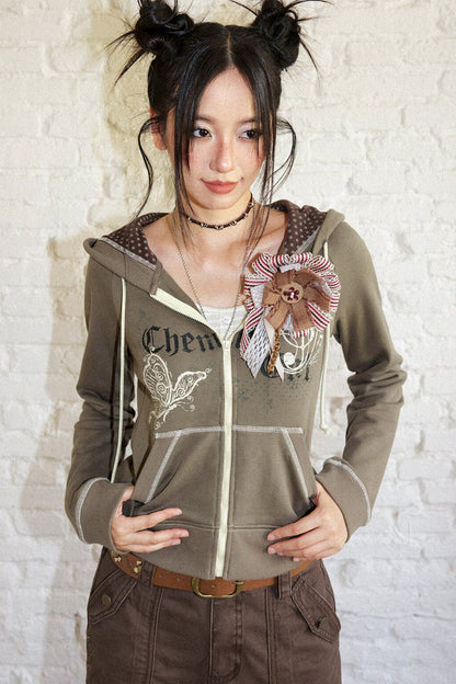 Butterfly Print Cotton Hooded Cardigan