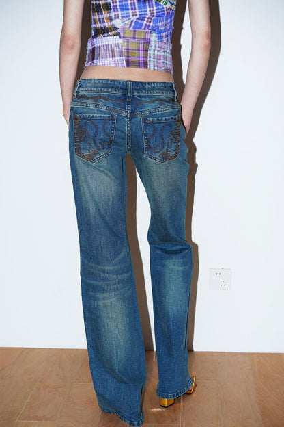 Retro Embroidery Low-Waist Flared Jeans