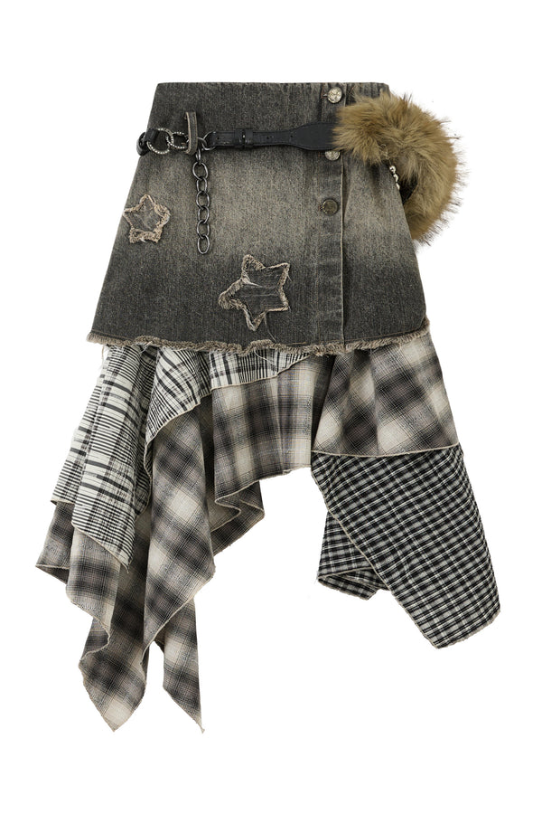 Denim Patchwork Asymmetrical Skirt