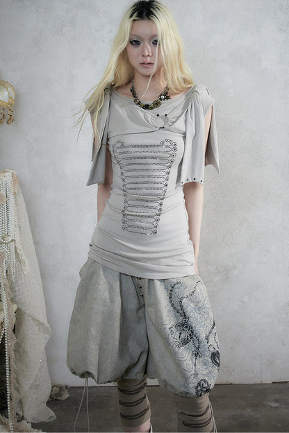 Rhinestone Corset Short-Sleeve Knit Dress