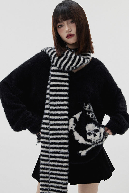 Black V-Neck Striped Scarf And Skull Sweater Set-Up