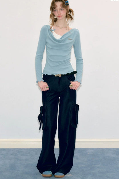 Blue Knit Flutter Collar Long Sleeve Top