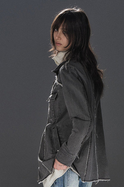 Veste mi-longue effet superposé effilochée