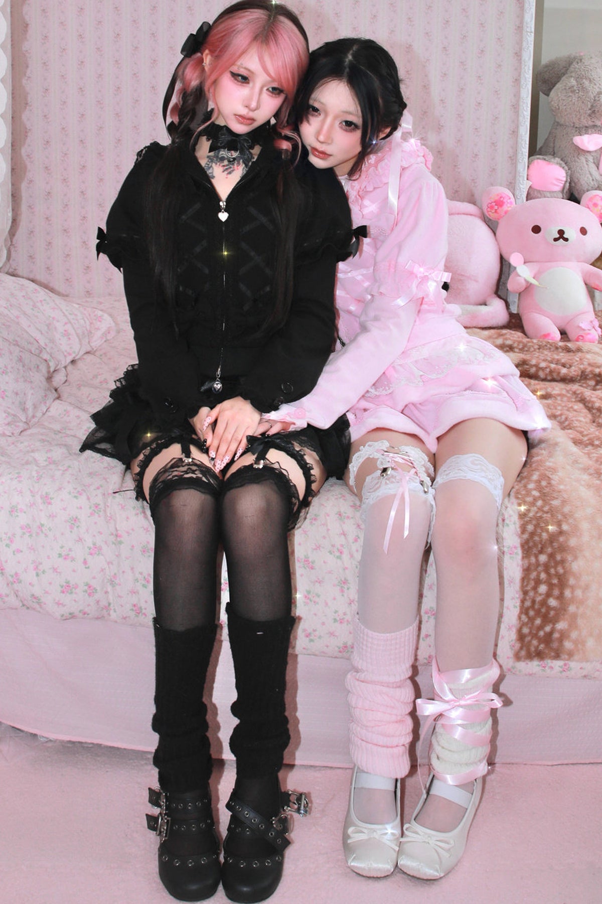 Black Cat Ear Sweatshirt Jacket and Pink Skirt Set-Up