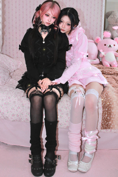 Black Cat Ear Sweatshirt Jacket and Pink Skirt Set-Up