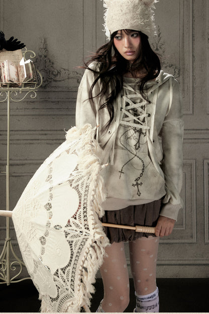 Distressed Drawstring Cross Print Hooded Pullover Sweatshirt