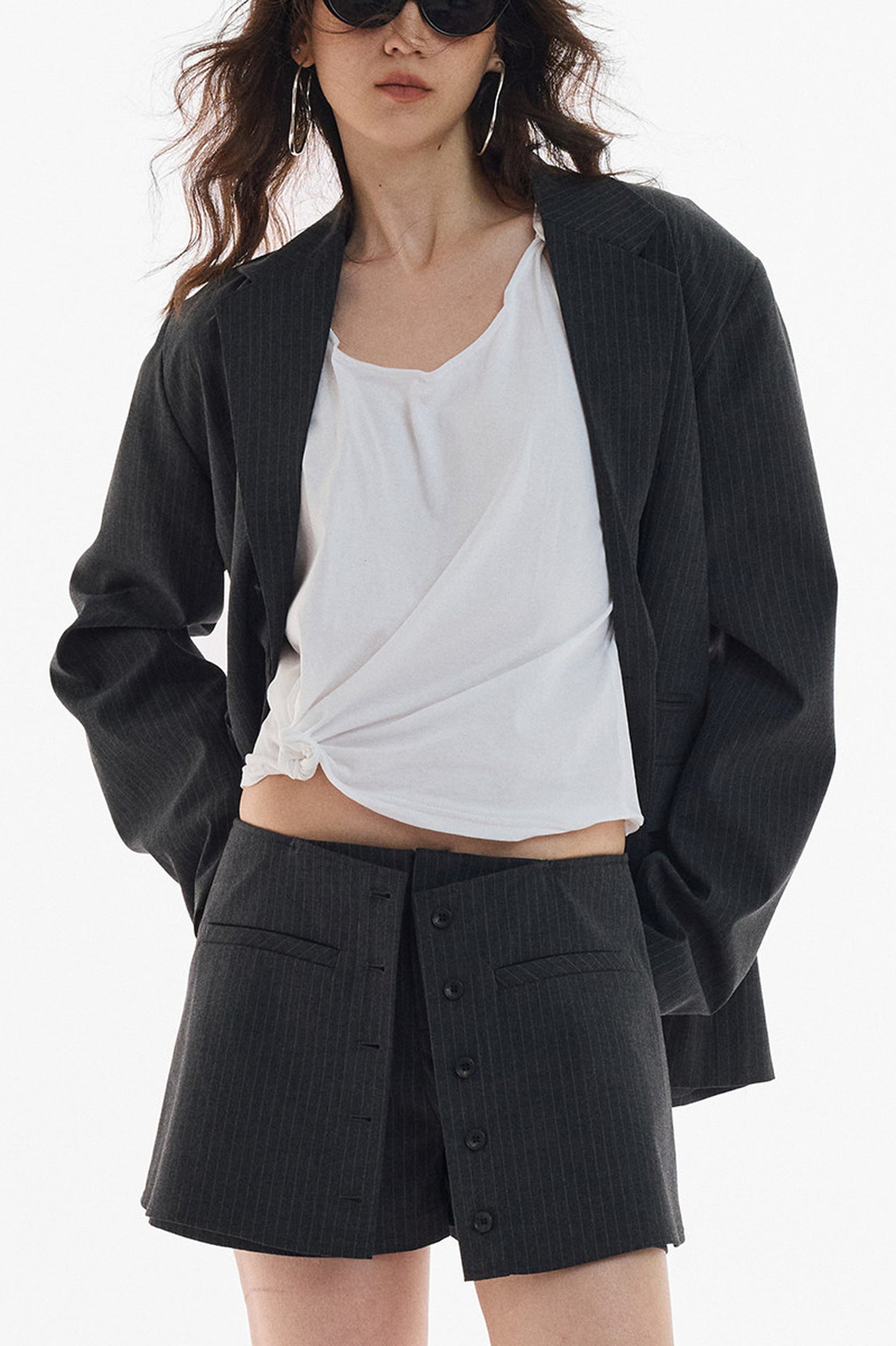 Gray White Striped Button Front Skirt