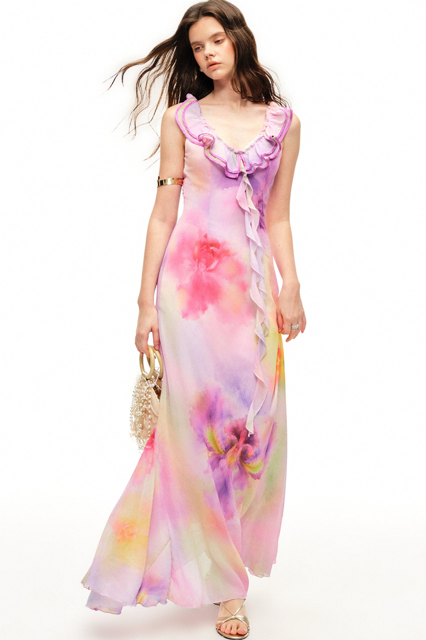 Maxikleid mit V-Ausschnitt, Rüschen und Blumenmuster