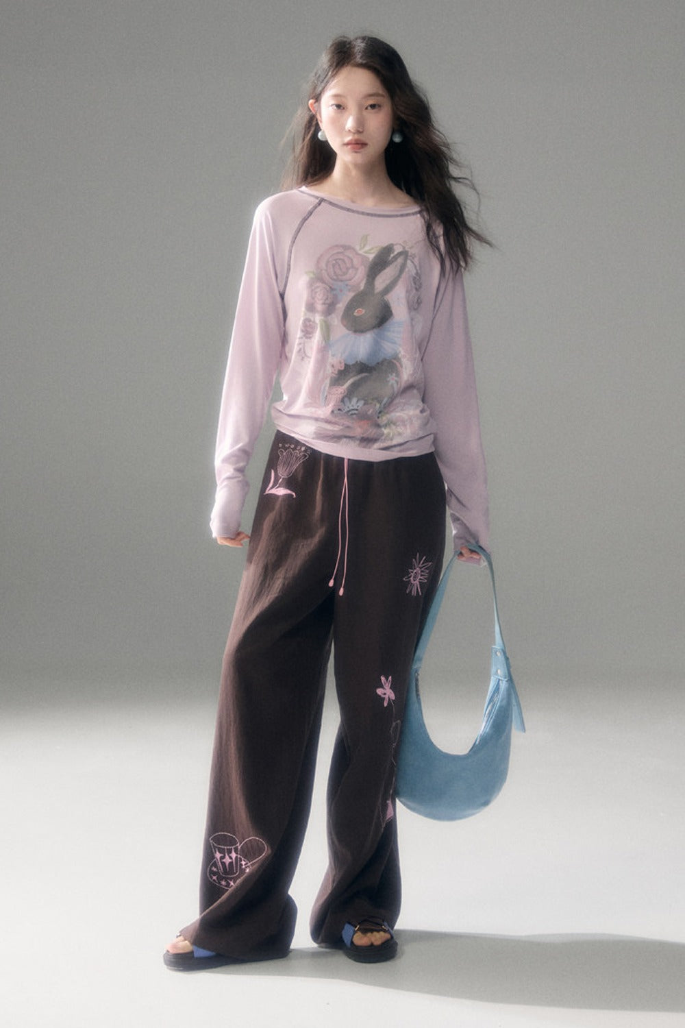 Bunny Print Tencel Long-Sleeved T-Shirt and Pants Set-Up