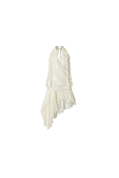 Abito halter con ruches in pizzo