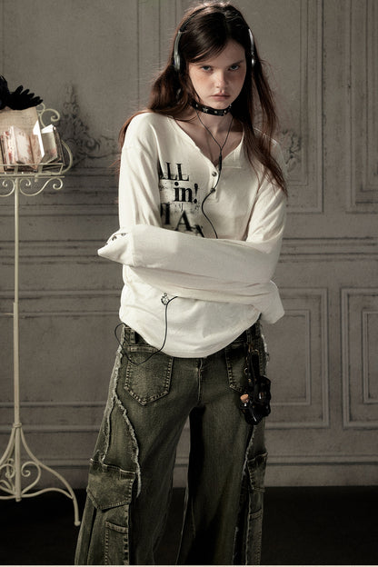 Beige Printed Long-Sleeved T-Shirt
