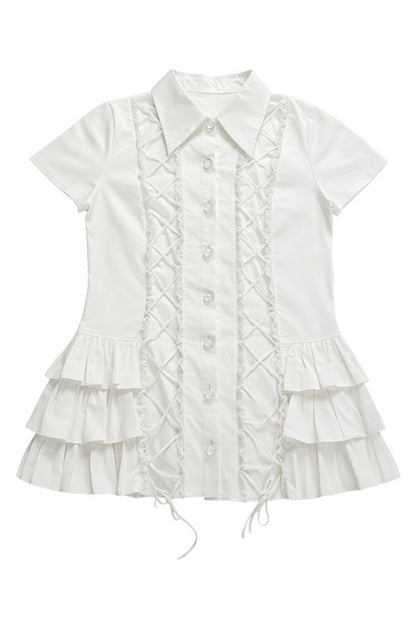 Multi-Layered Lace-Up White Shirt Dress