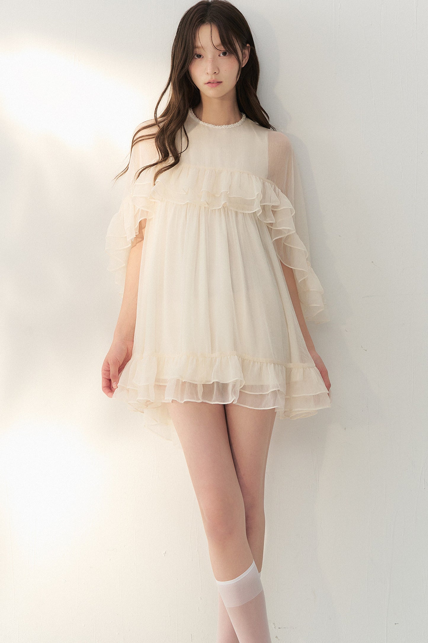 Beige Tulle Cape Ruffle Dress