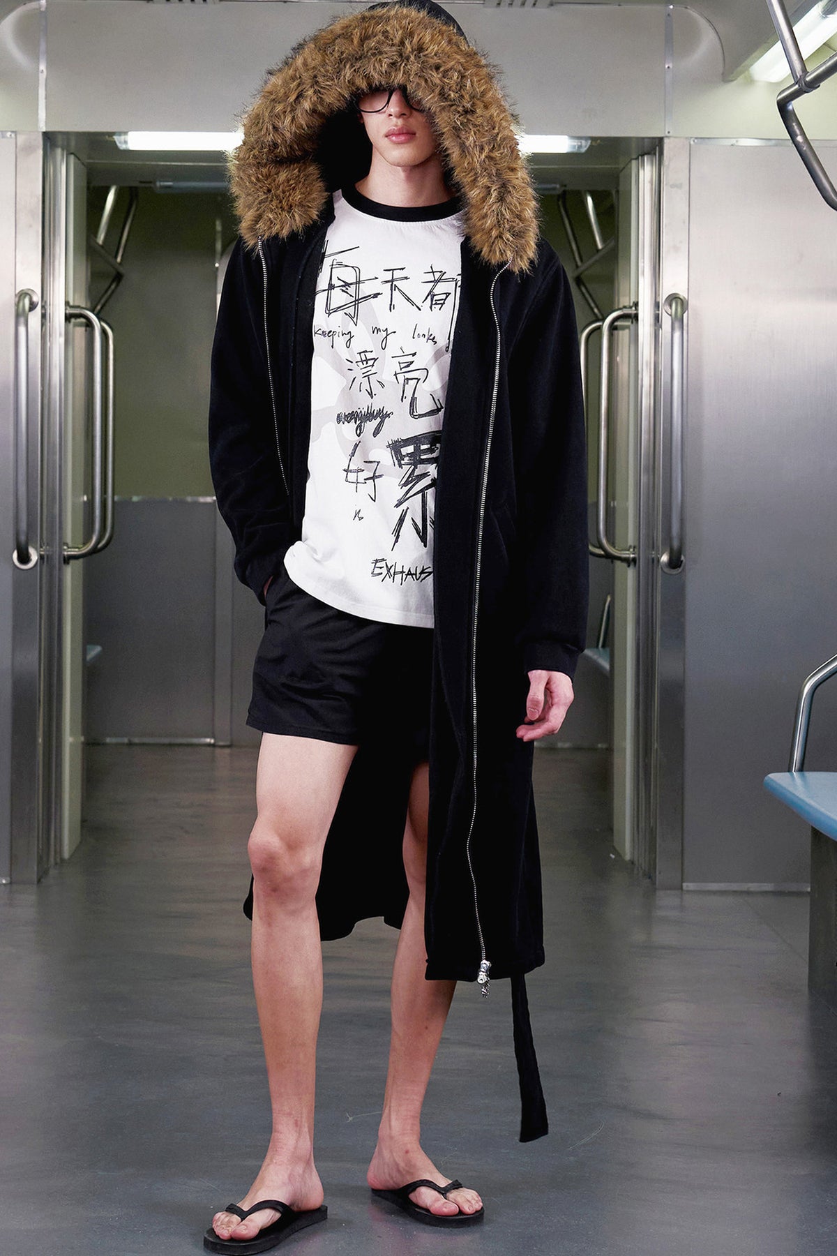 Letter Embroidered Fur Hooded Sweatshirt Jacket