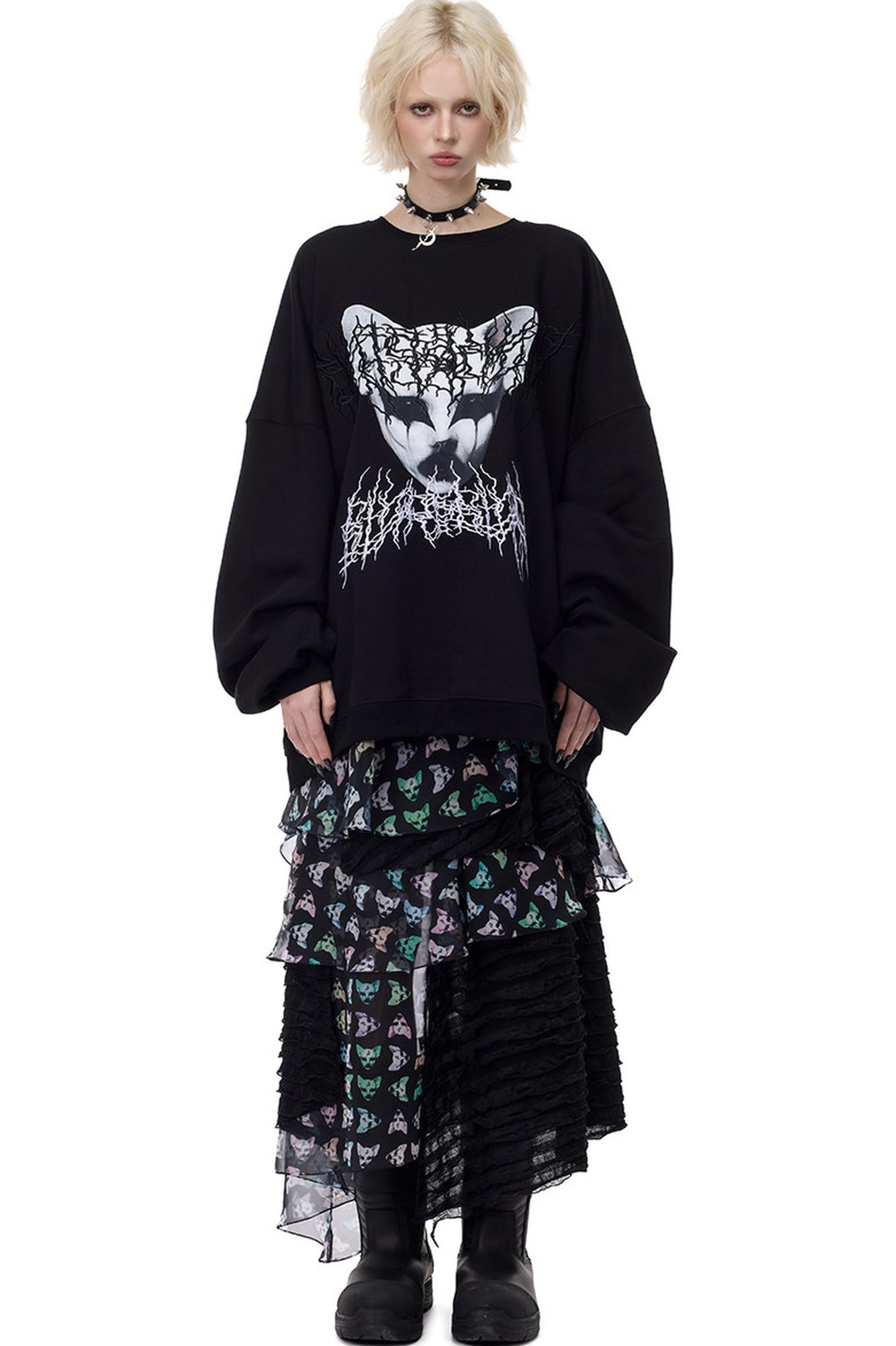 Cat Metal Thorns Heavy Industry Embroidered Blouse