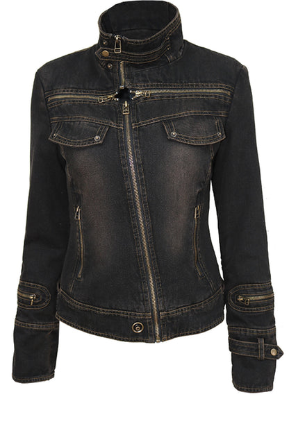 Washed Distressed Cross-Zipper Quilted Denim Jacket