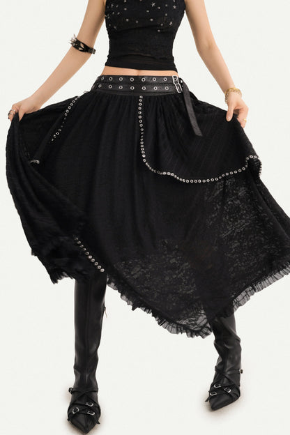 Gothic Lace Mesh Asymmetric Layered Hem Skirt