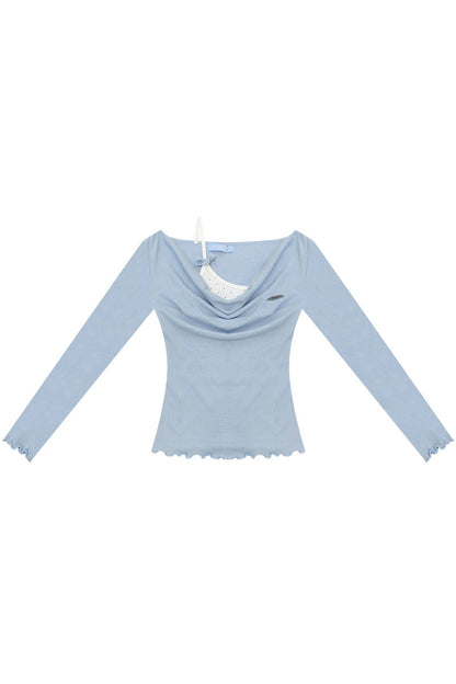 Blue Knit Flutter Collar Long Sleeve Top