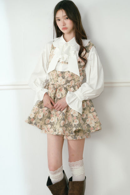 Floral Jacquard Vest Dress and White Ruffled Shirt Set-Up