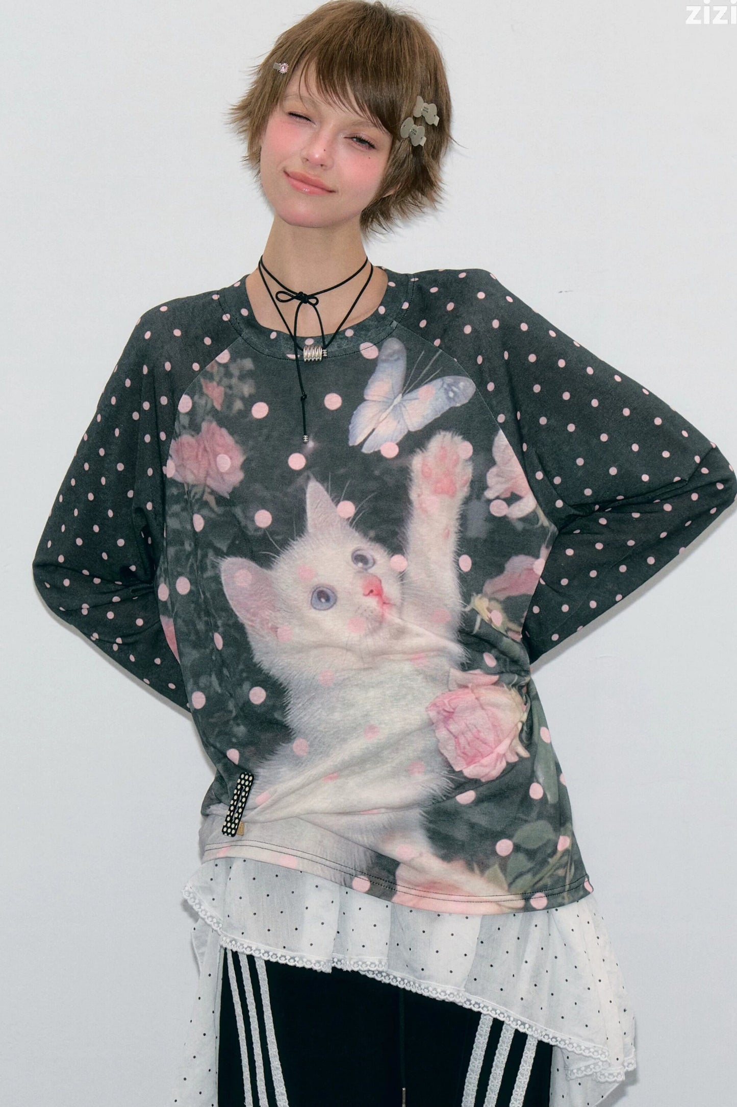 Blouse à imprimé chat et pois