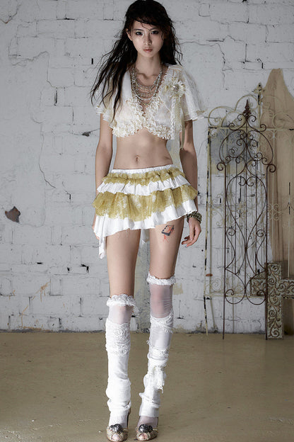 White Gold Tiered Ruffle Raw Edge Skirt
