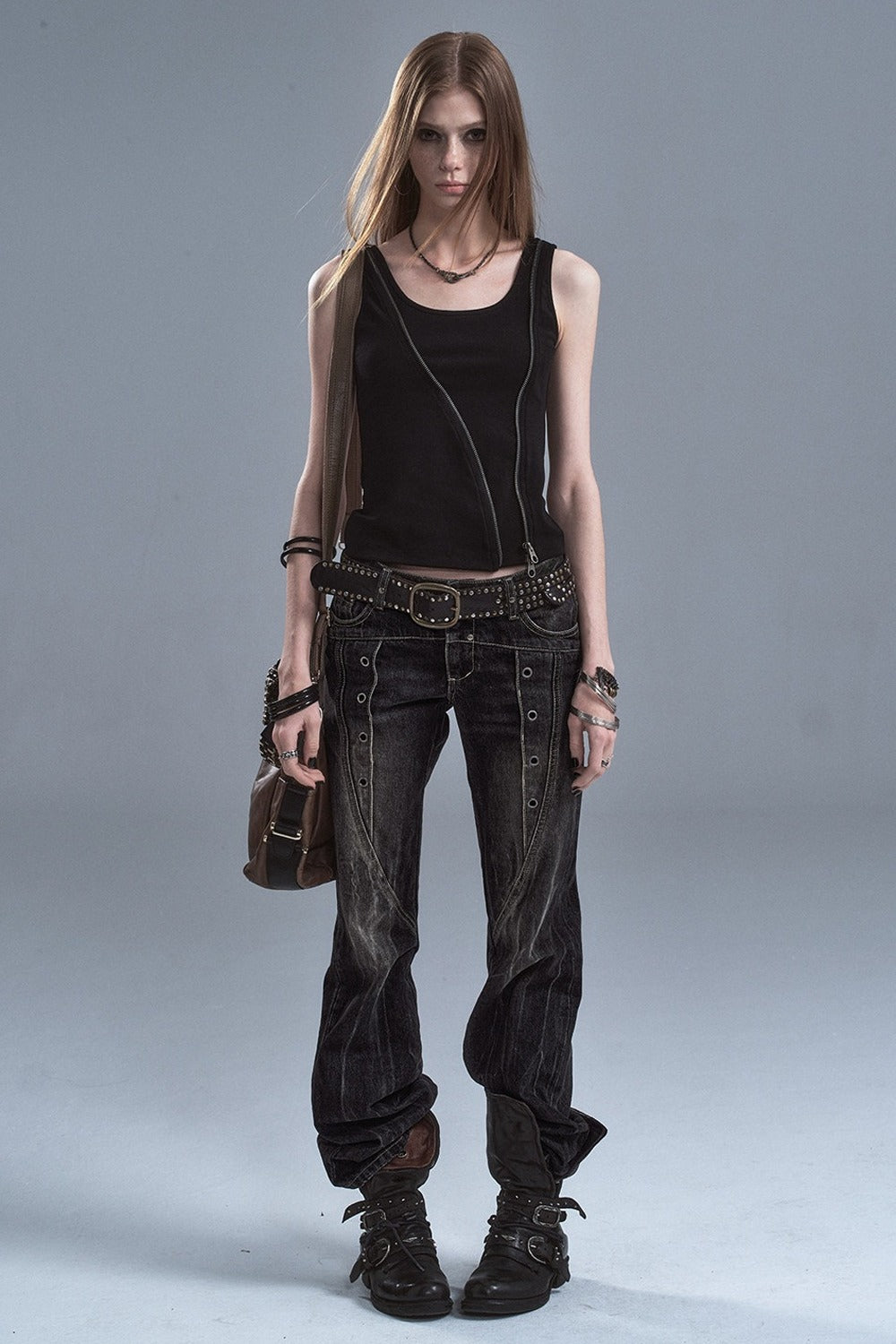 Washed Denim Flared Punk Pants