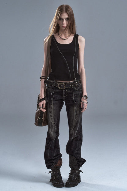 Washed Denim Flared Punk Pants