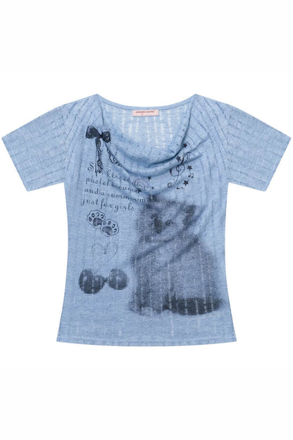 Sakura Melody Cat Print T-Shirt