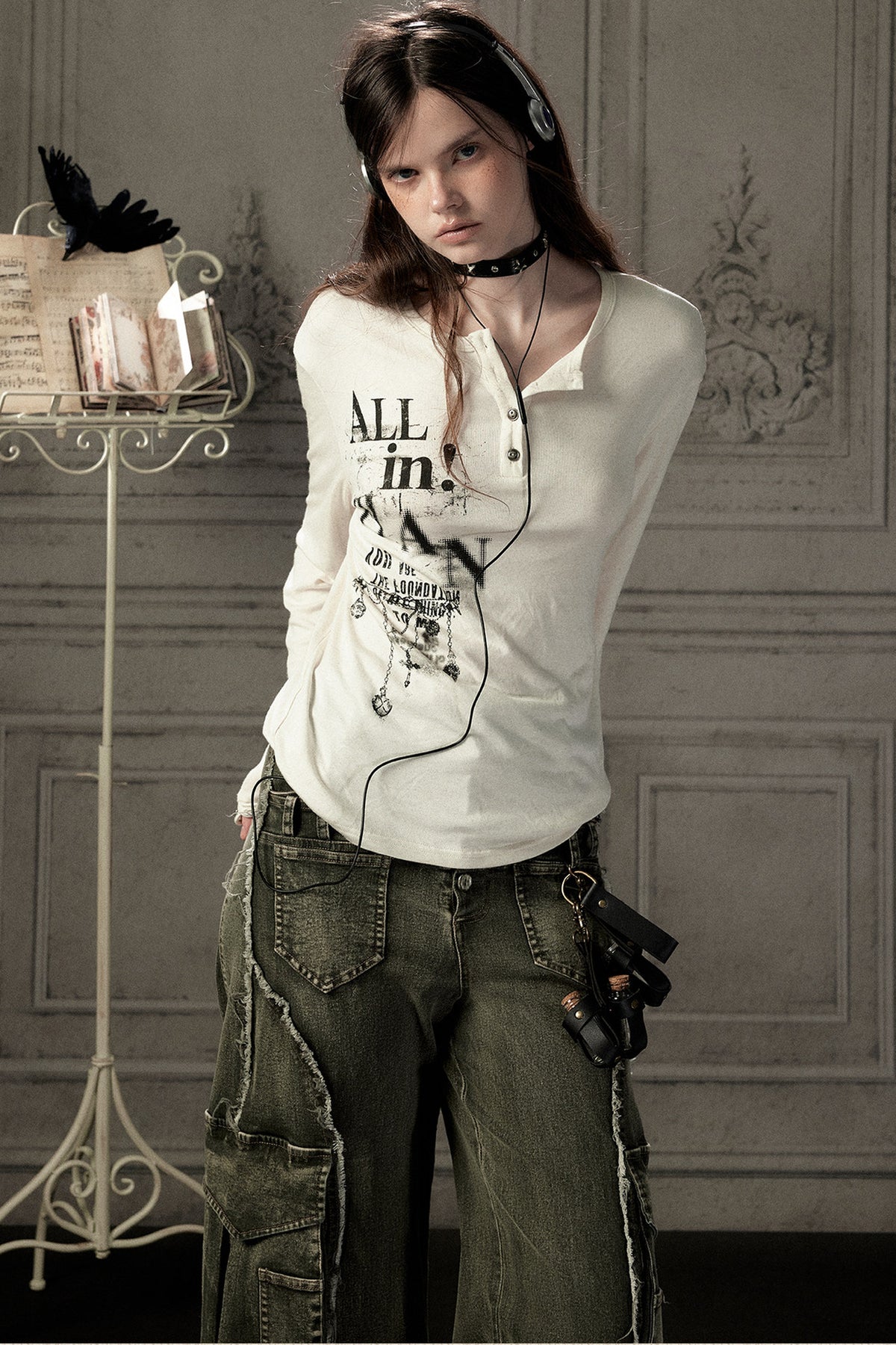 Beige Printed Long-Sleeved T-Shirt