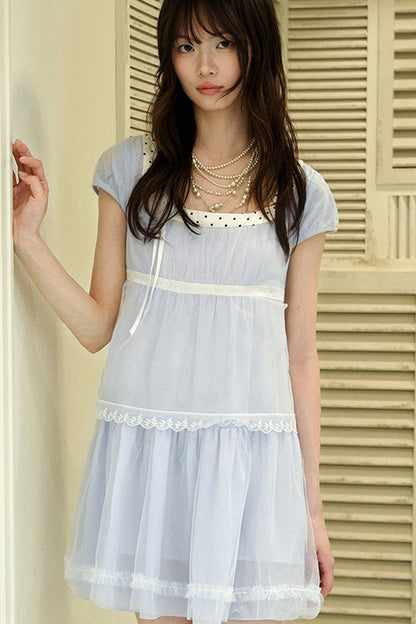 Abito a balze in tulle floreale azzurro chiaro