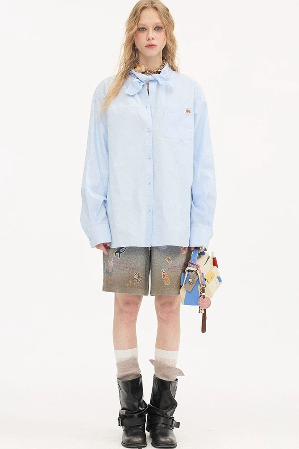 Washed Cotton Scarf-Style Blouse