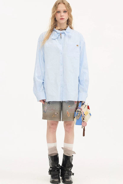 Washed Cotton Scarf-Style Blouse