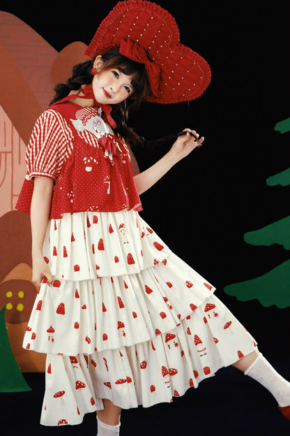 Red Mushroom Print Layered-Look Suspender Dress