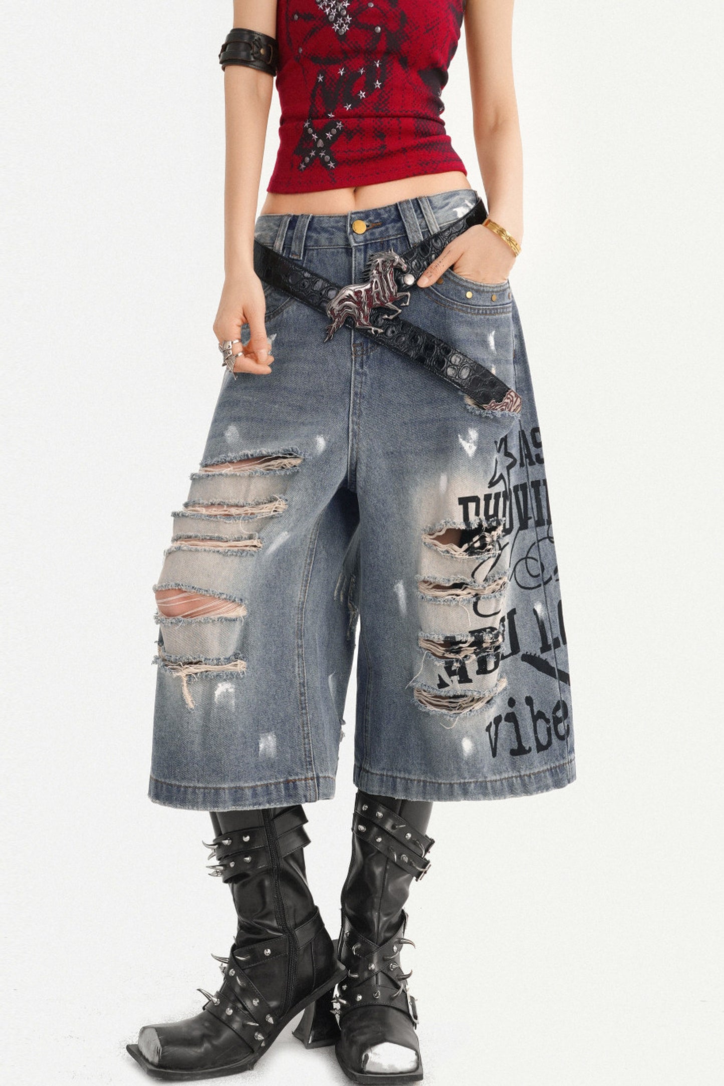 Distressed Letter Print Wide Leg Denim Pants