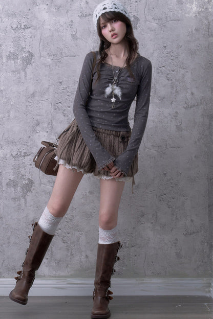 Gray Purple Lace Henley T-shirt