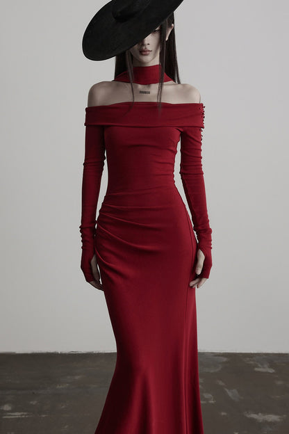 French Off-Shoulder Knitted Long-Sleeve Dress