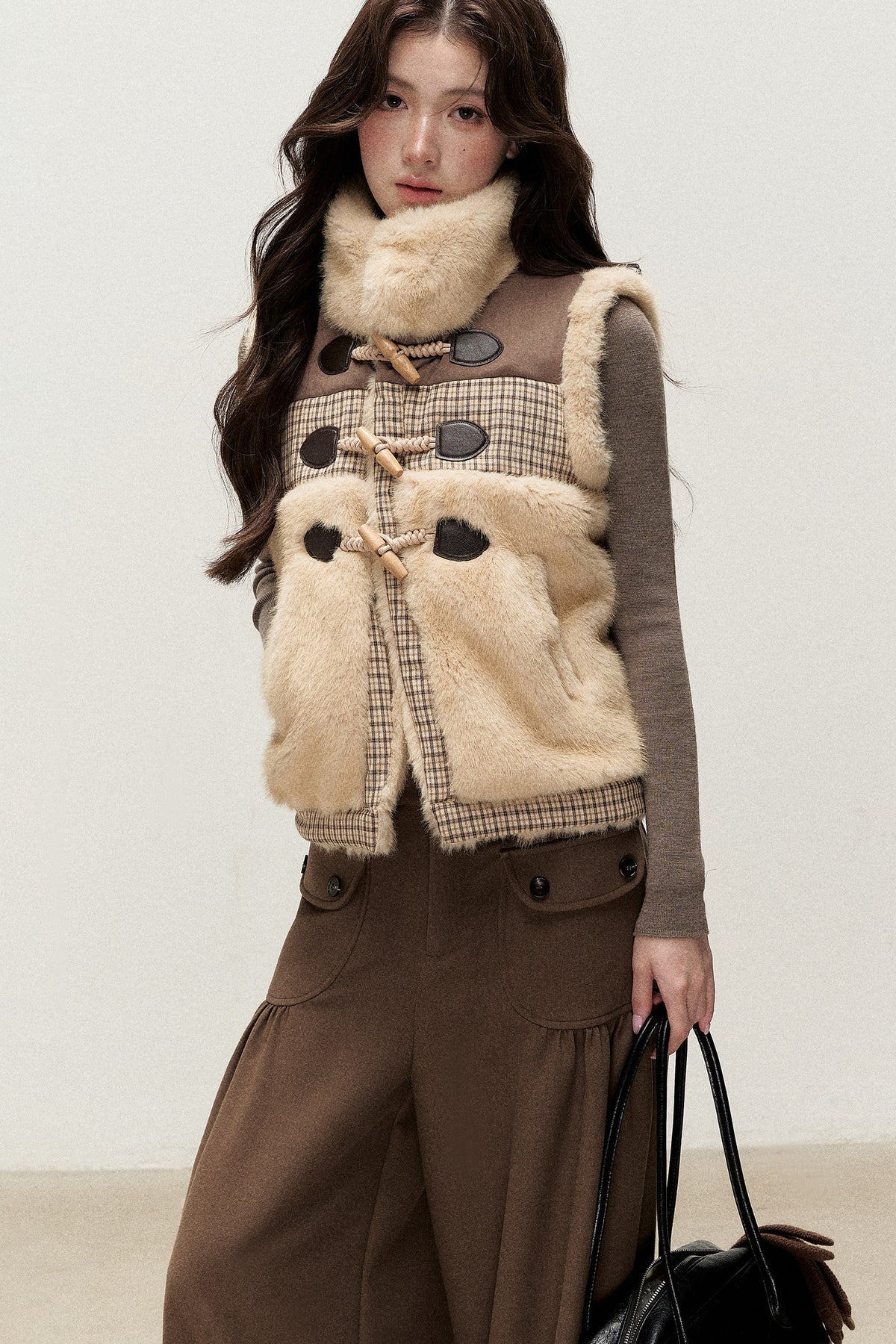 Retro Plaid Faux Fur Toggle Vest