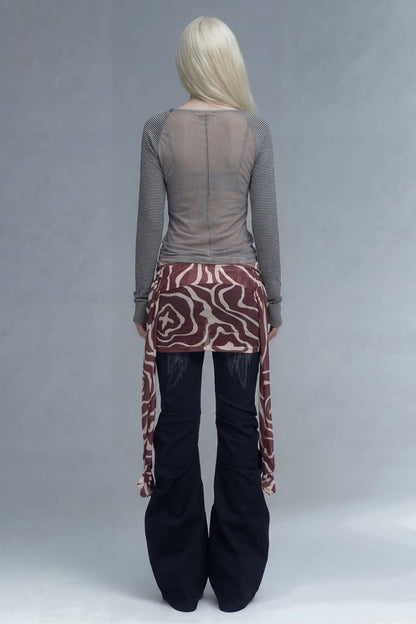 Studded Striped Long-Sleeve Sheer Mesh T-shirt
