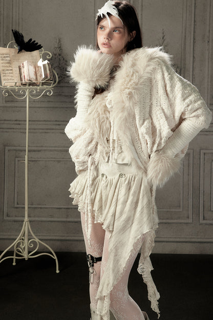Beige Fur Collar Batwing Knit Jacket