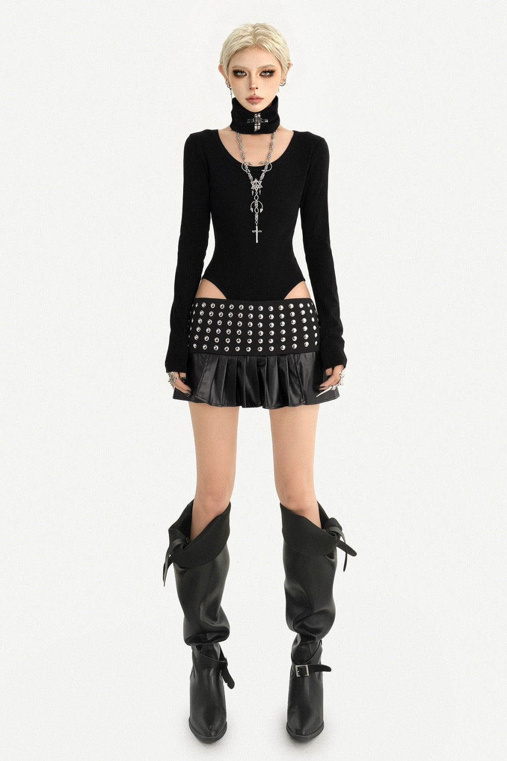Studded Leather Pleated Mini Skirt