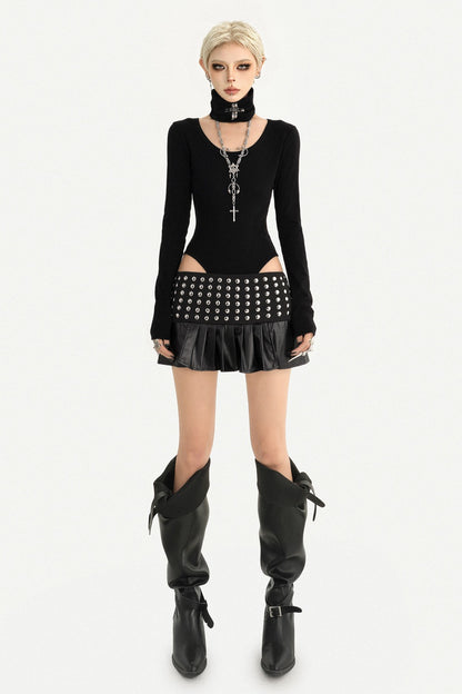 Studded Leather Pleated Mini Skirt